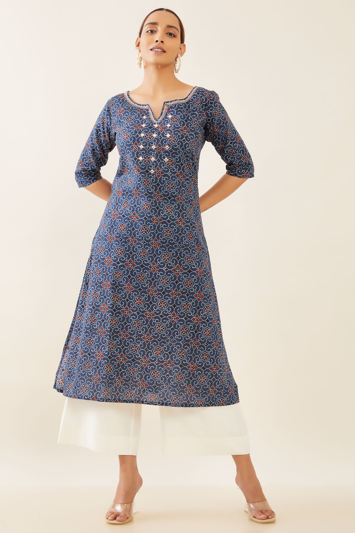All Over Floral Printed & Foil Mirror Embroidered Kurta - Blue