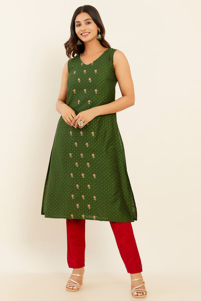 All Over Ditsy Butta Floral Embroidered Kurta Green