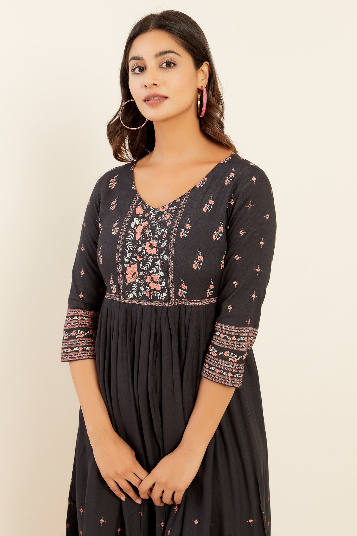 All Over Floral Printed & Pleated A-Line Kurta - Black