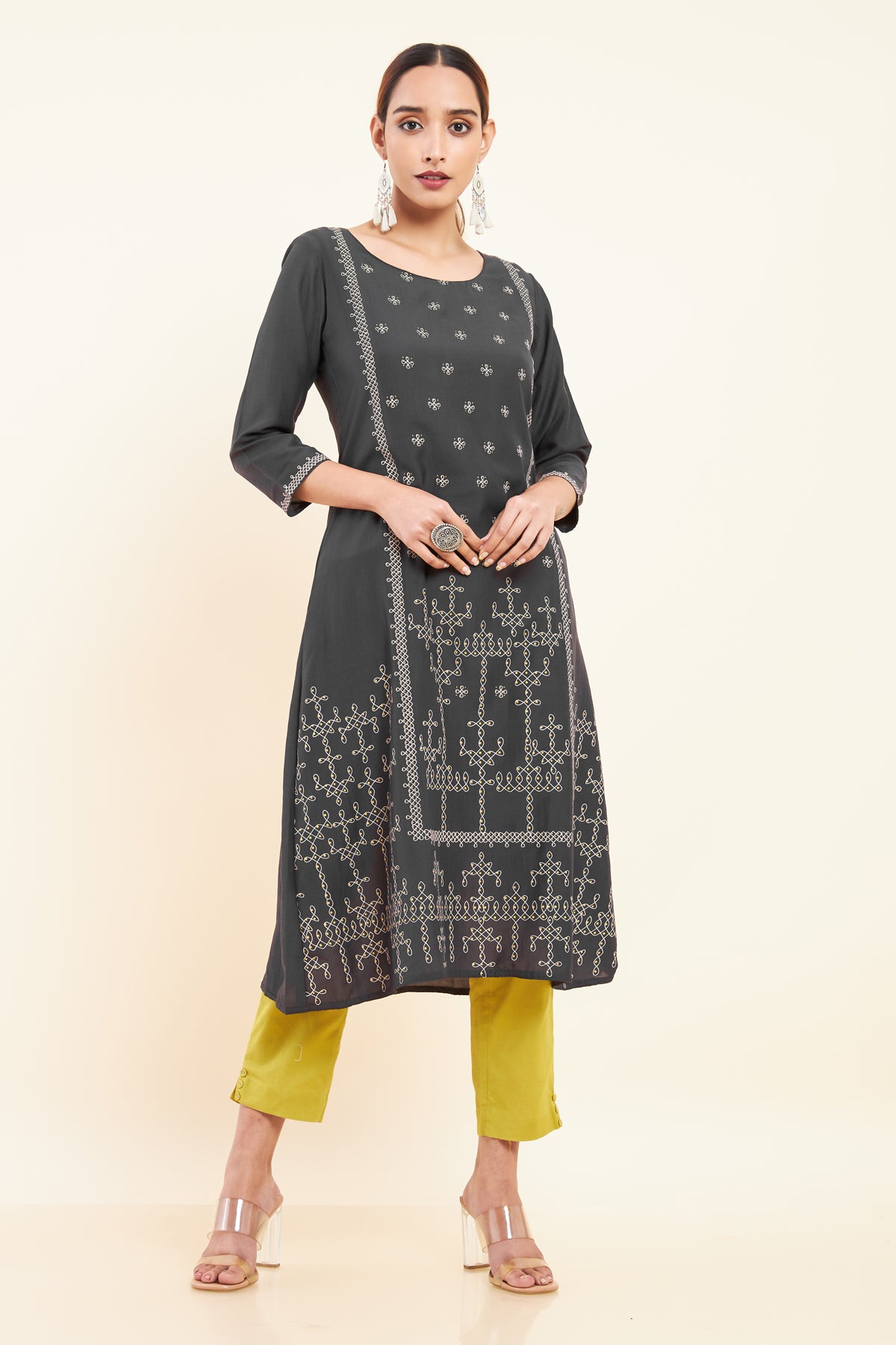 All Over Kolam Printed A Line Kurta Grey