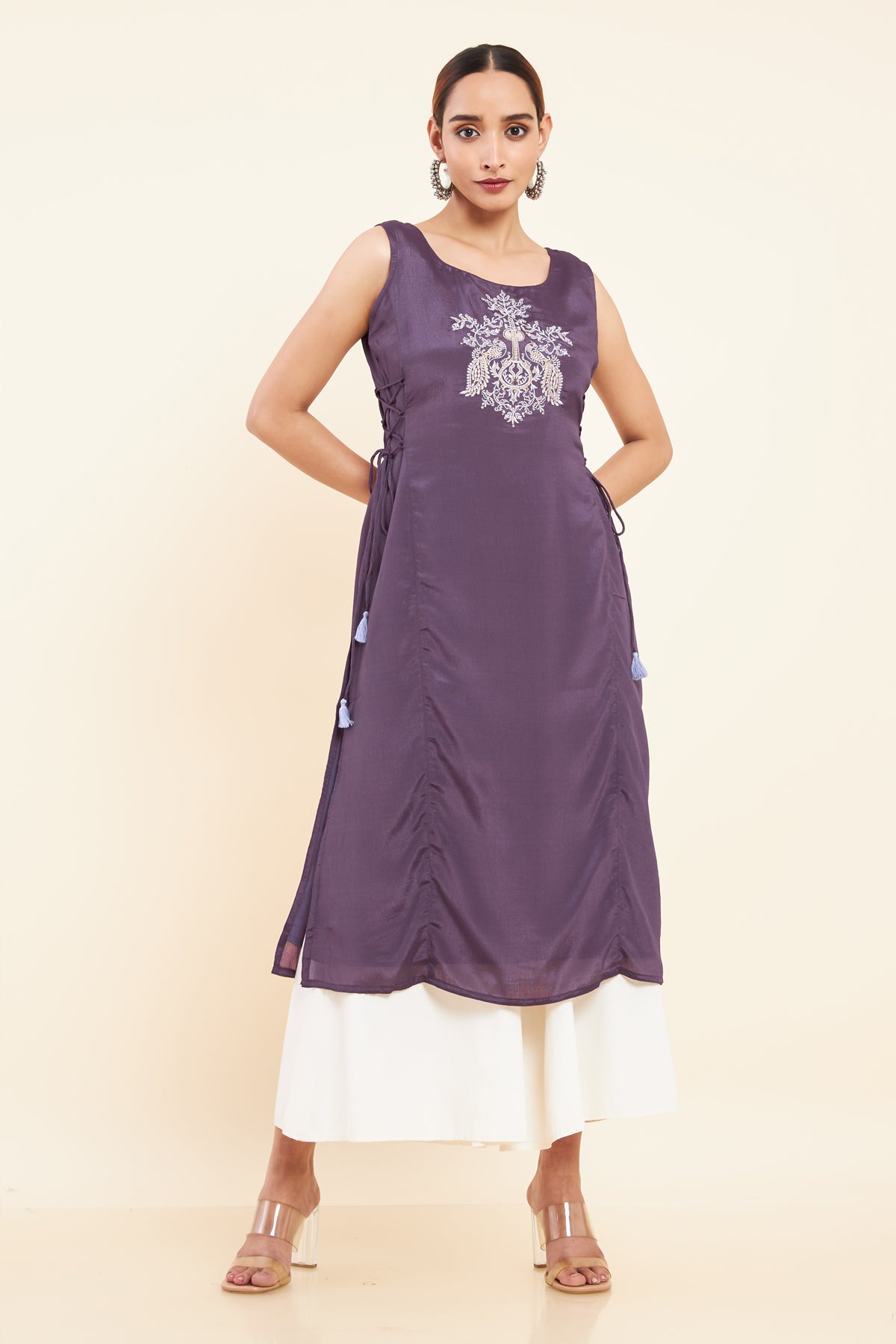 Contrast Peacock Instrument Embroidered Placement Kurta Purple