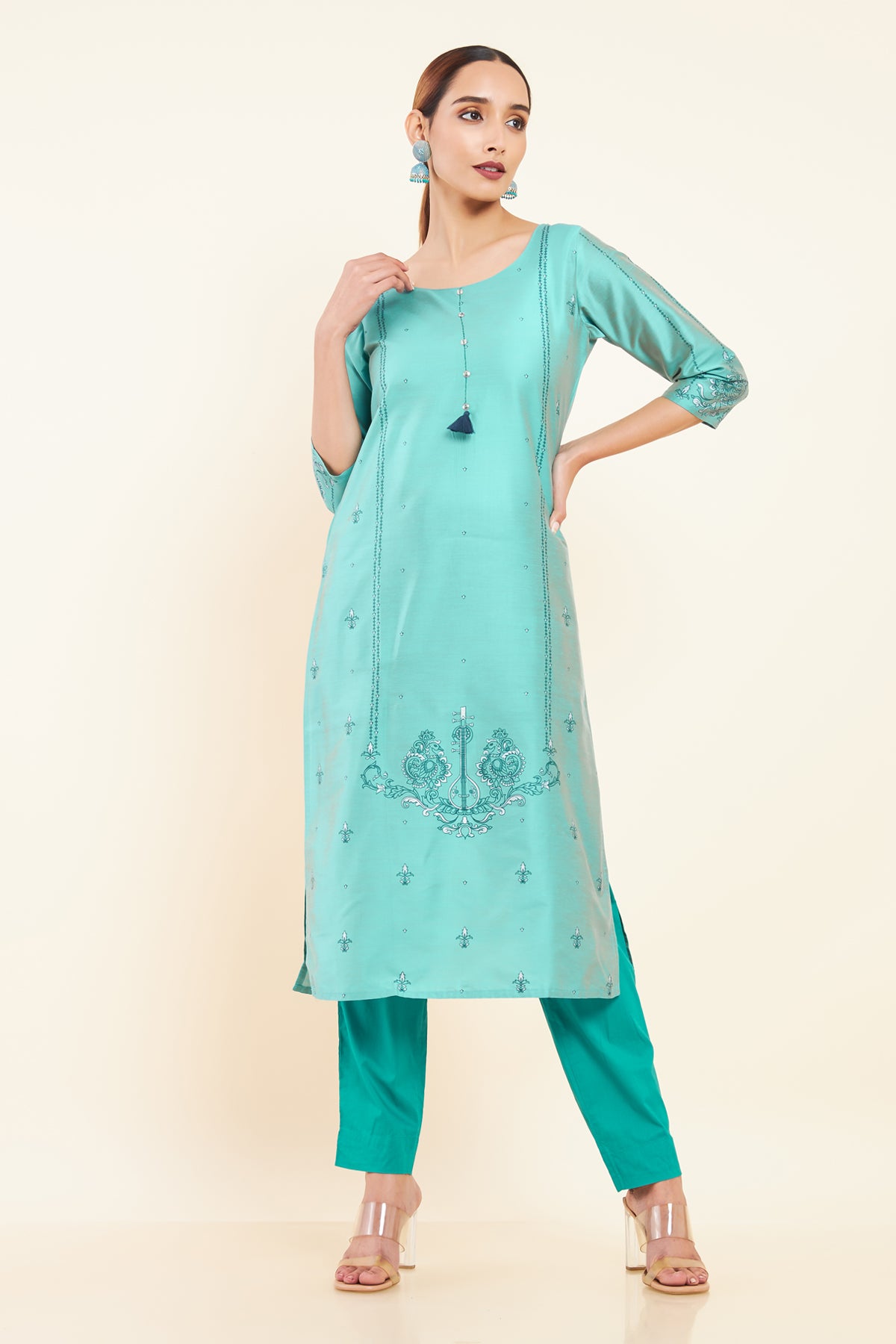 Contrast Peacock & Instrument Printed Kurta - Blue