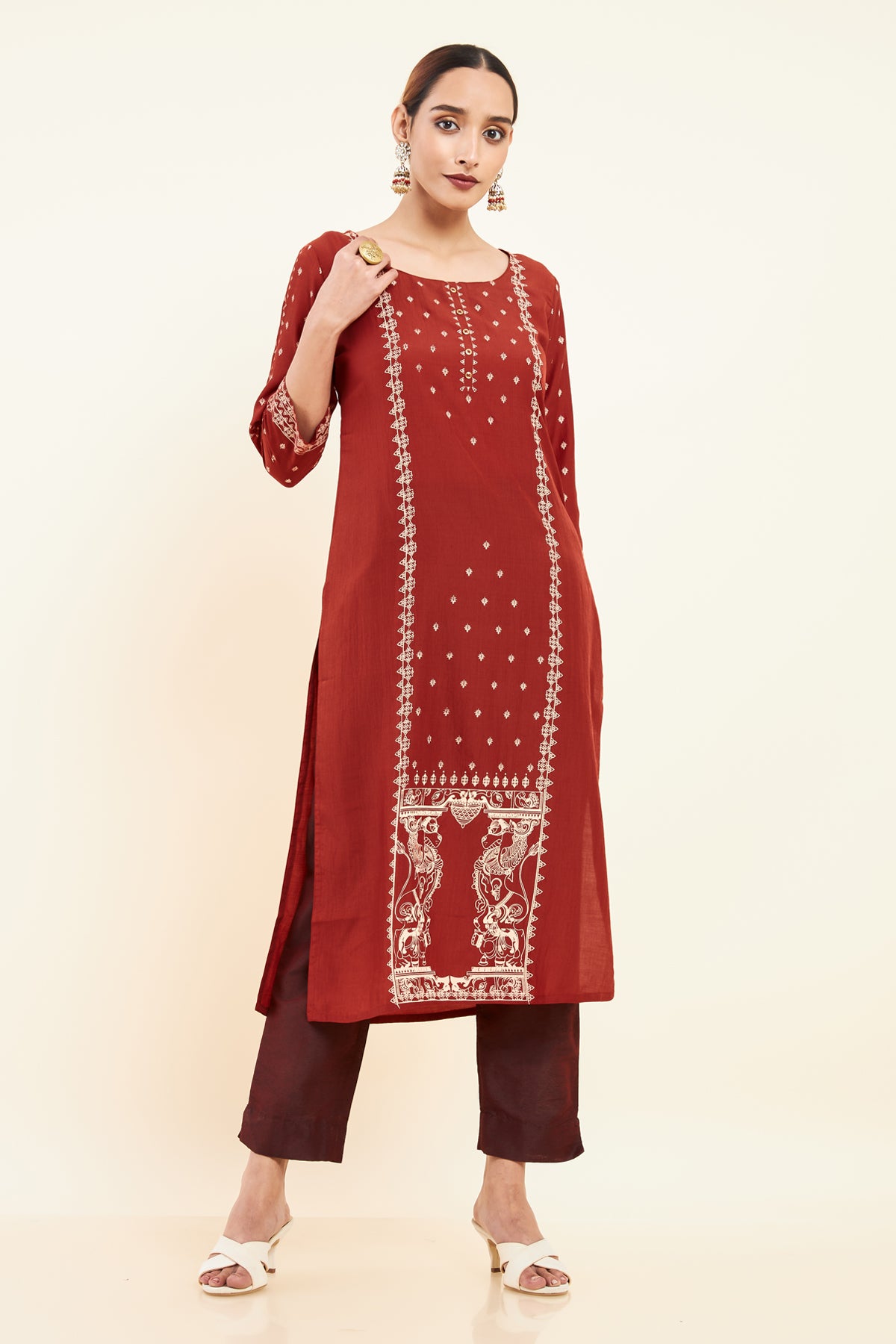 Contrast Temple Motif Printed Kurta Rust