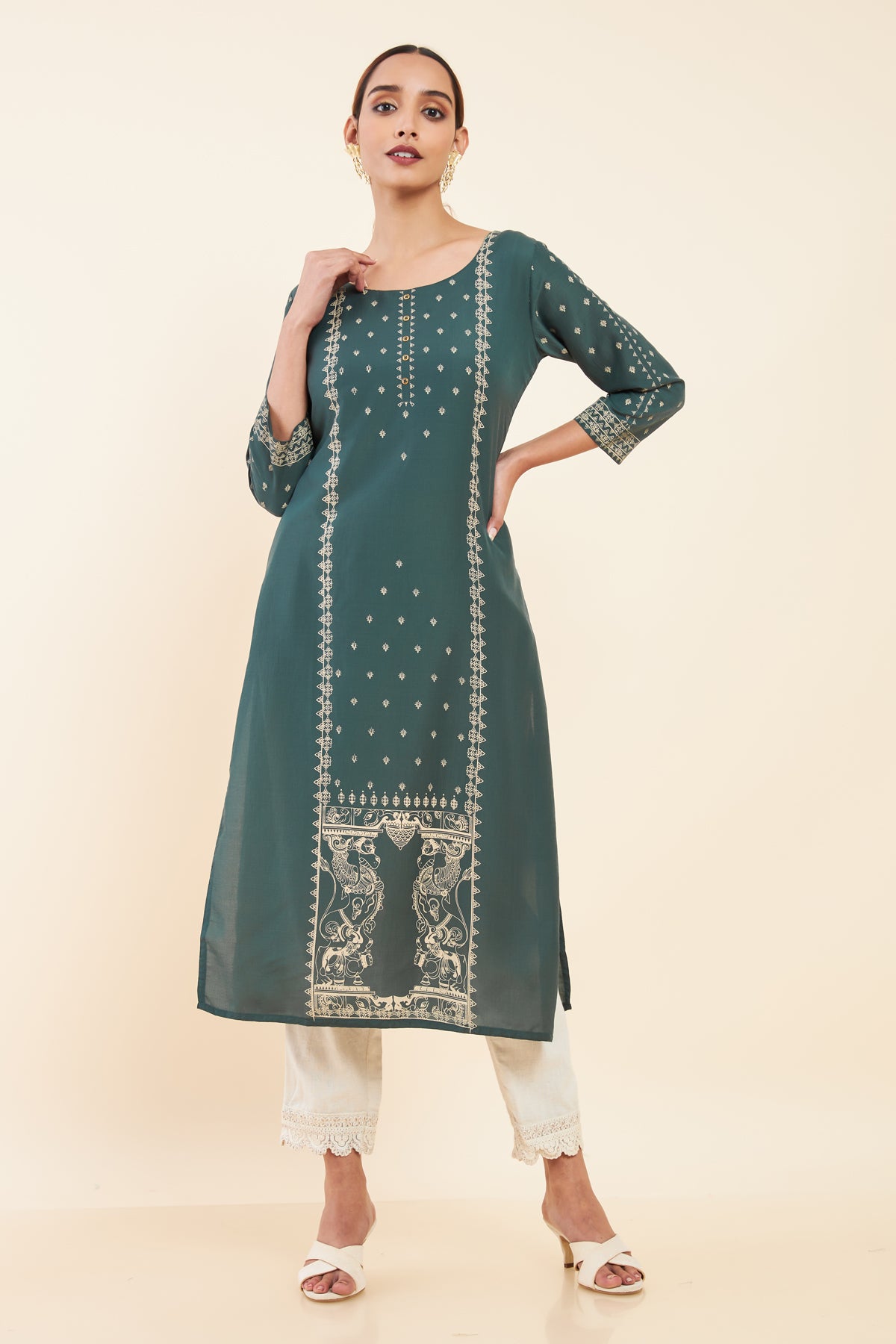 Contrast Temple Motif Printed Kurta Green