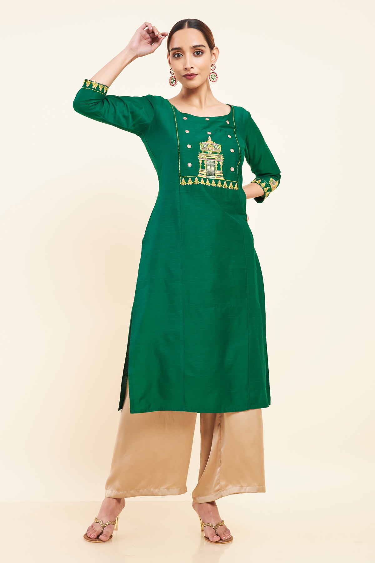 Temple Motif Embroidered Kurta Green