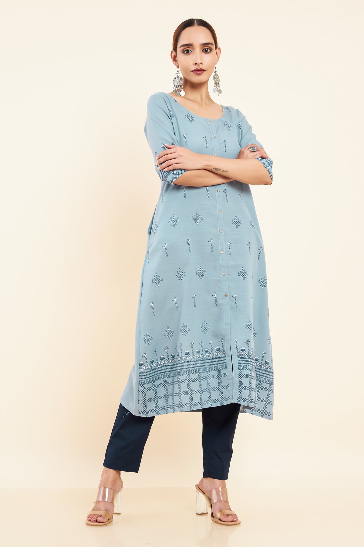 Kolam Printed A Line Kurta Blue