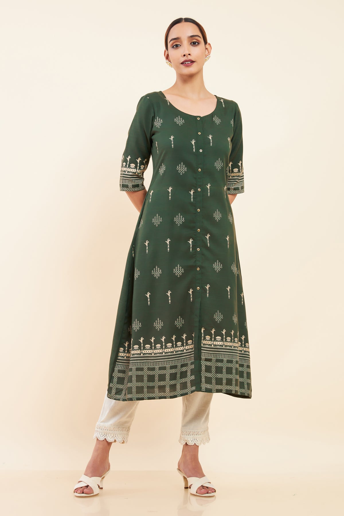 Kolam Printed A Line Kurta Green