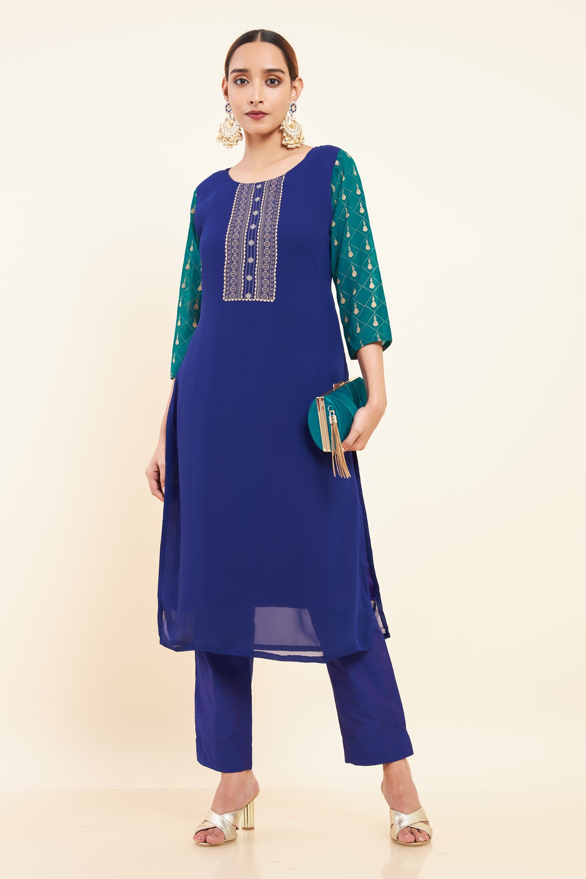 Contrast Geometric Motif Printed Kurta Blue