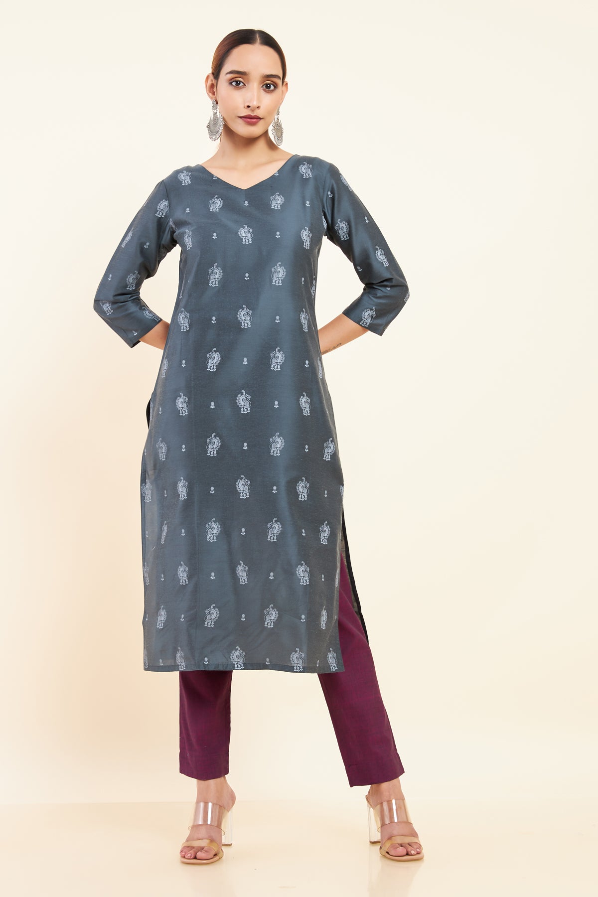 All Over Peacock Motif Printed Kurta Grey