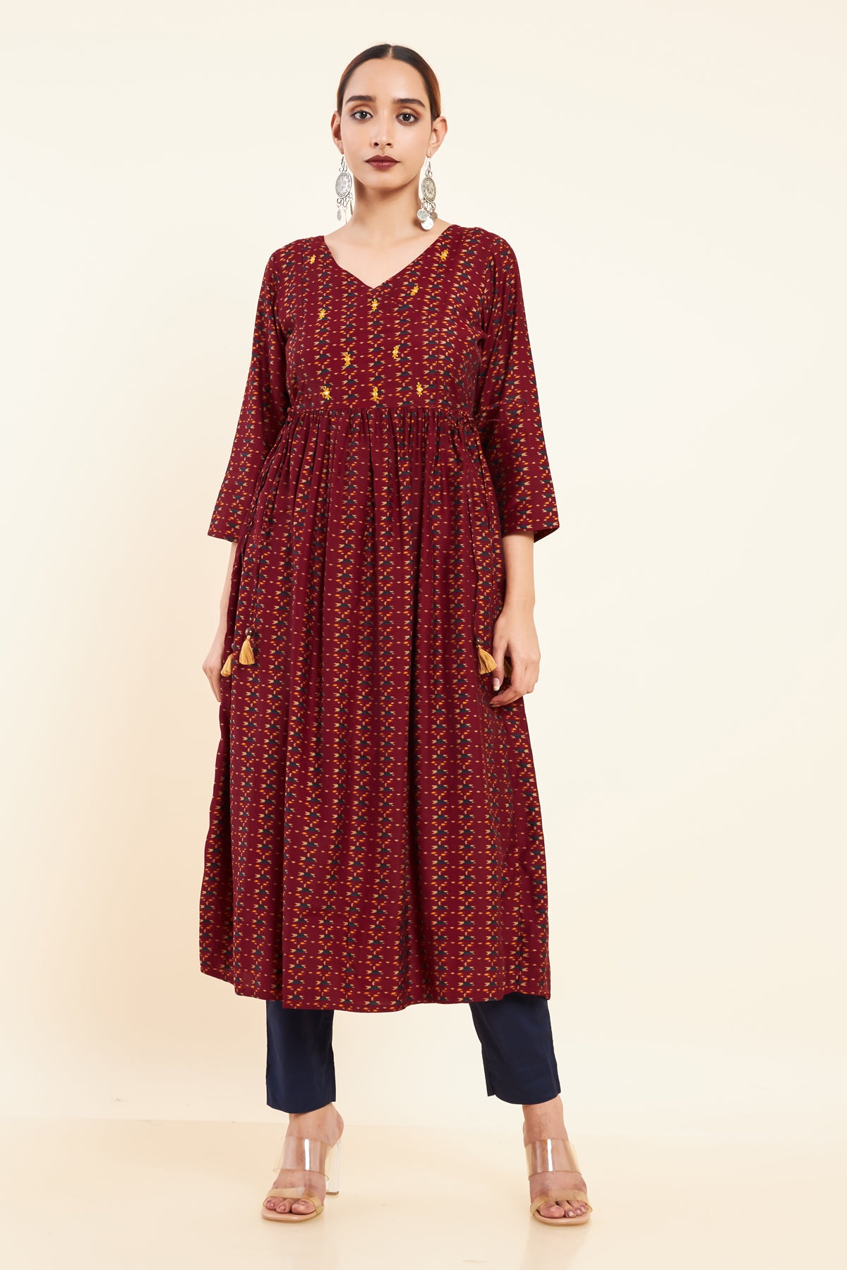 Foil Mirror Embellished Ikkat Printed A Line Kurta Maroon