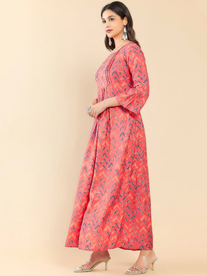 Contract Chevron Printed Foil Mirror Embellished A Line Kurta Peach
