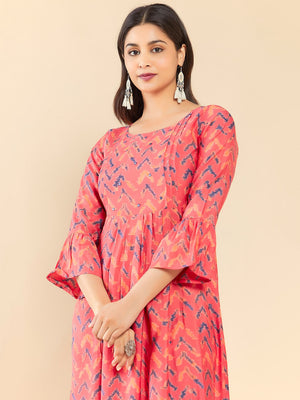 Contract Chevron Printed Foil Mirror Embellished A Line Kurta Peach
