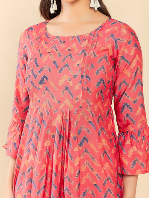 Contract Chevron Printed Foil Mirror Embellished A Line Kurta Peach
