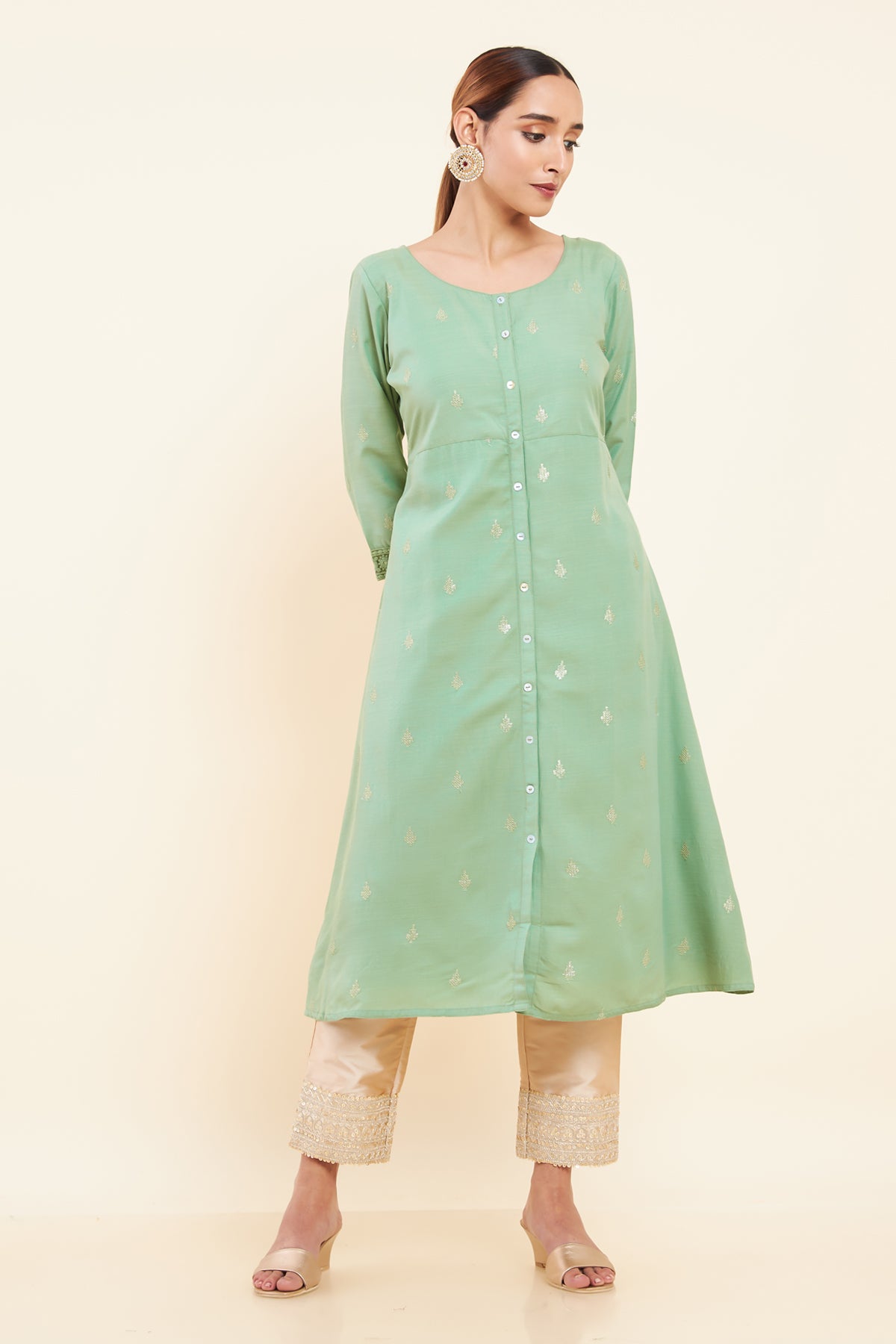 All Over Sequin With Floral Motif Embroidered A Line Kurta Green