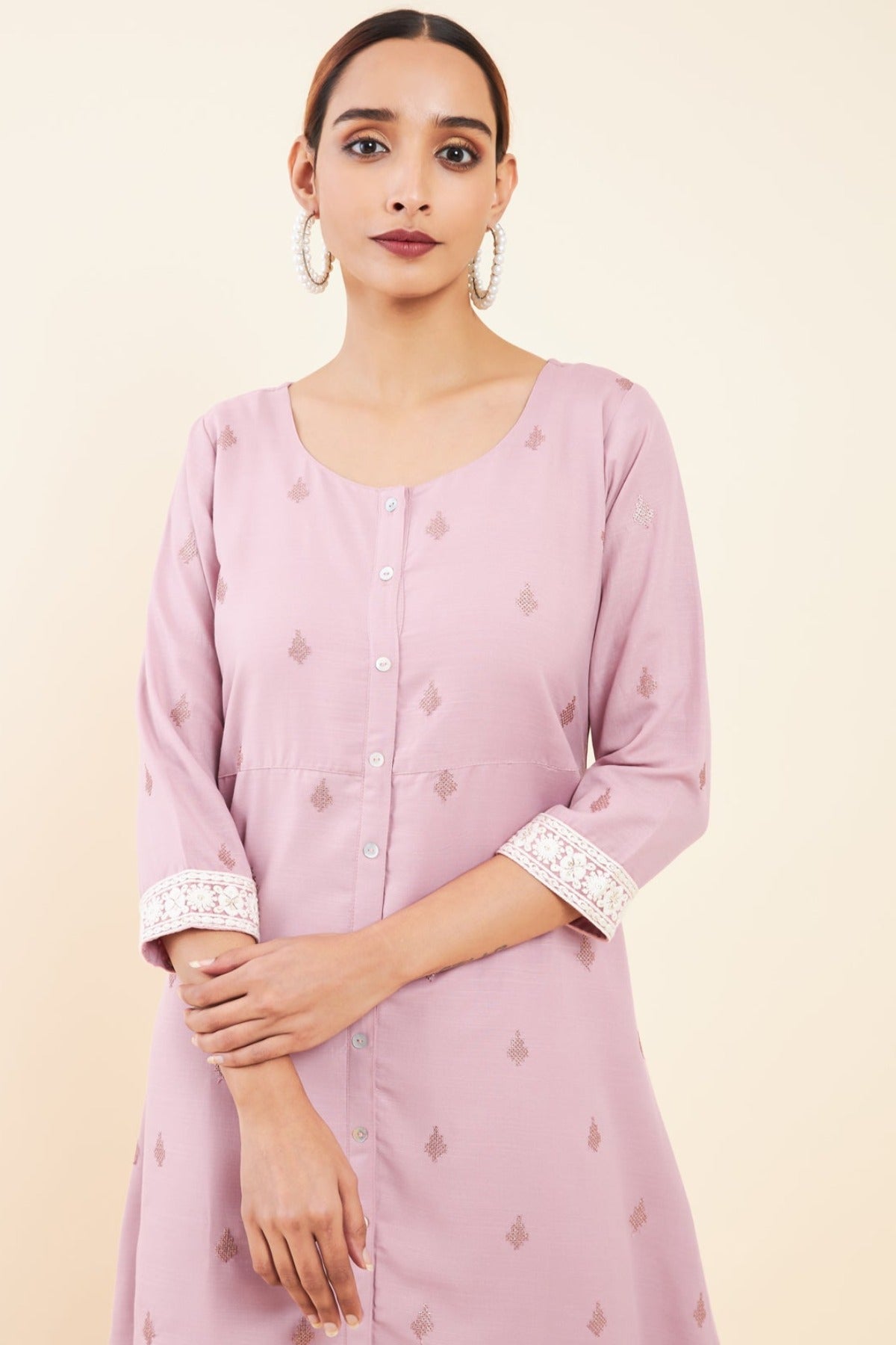 All Over Sequin With Floral Motif Embroidered A Line Kurta Pink