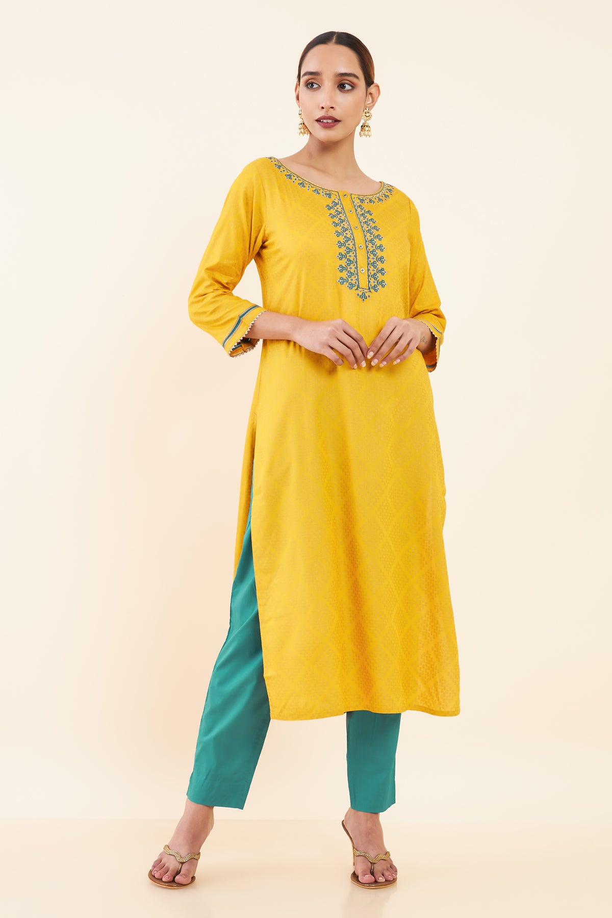 Contrast Daisy Motif Embroidered Gold Geometric Self Printed Kurta Mustard