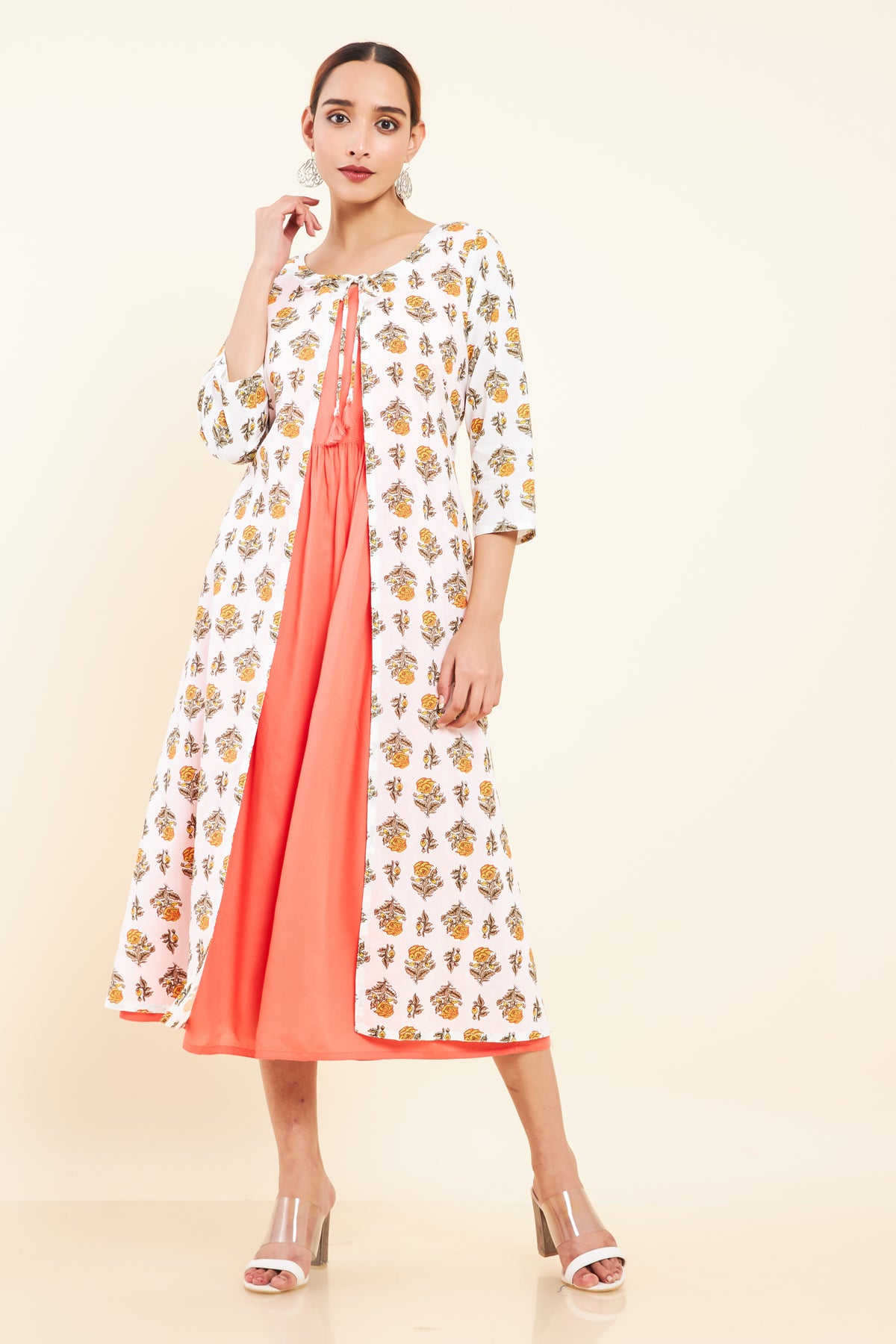 Tie Up Coat All Over Floral Printed Kurta Peach