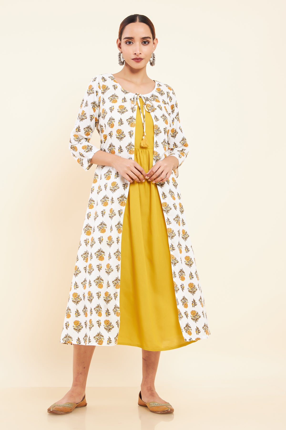 Tie Up Coat All Over Floral Printed Kurta Yellow