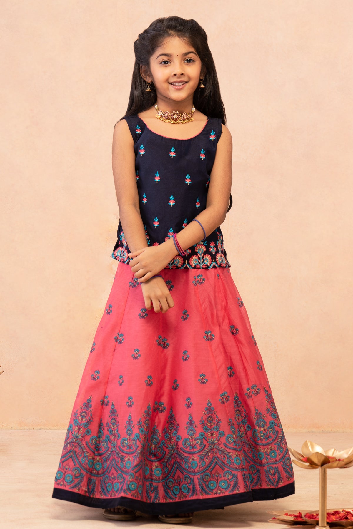 Contrast Festive Floral Embroidered Sleeveless Top &  All Over Printed Skirt Set - Navy & Pink