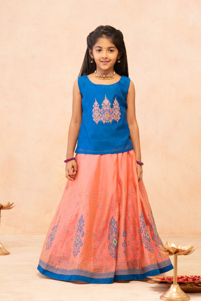 Contrast Placement Abstract Embroidered Sleeveless Top &  Printed Skirt Set - Blue & Peach