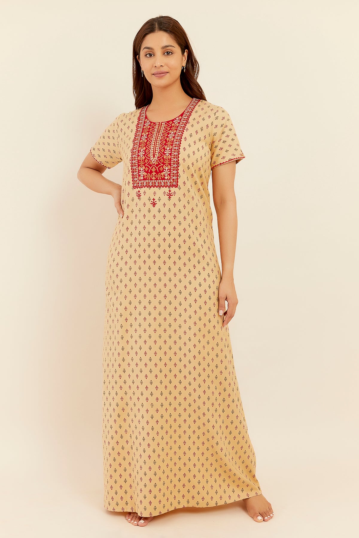 All Over Geometric Print With Embroidered Yoke Nighty - Beige