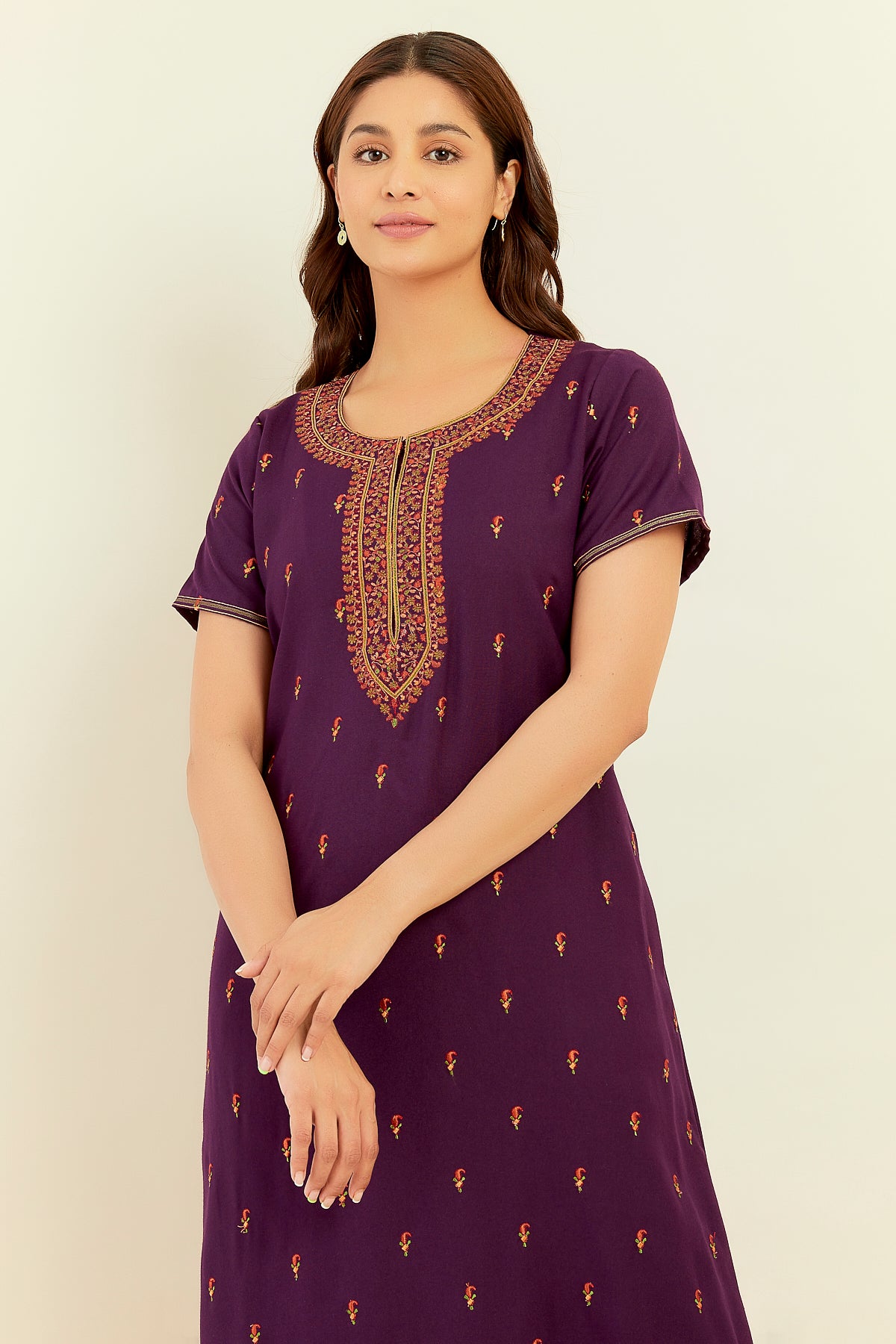 All Over Paisley Embroidered Nighty -  Purple