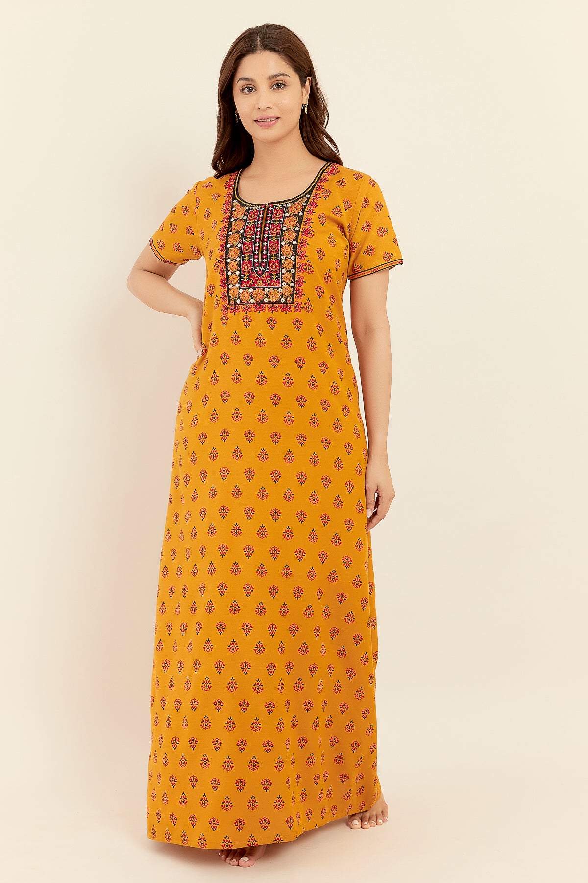 All Over Damask Print With Foil Mirror Embroidered Yoke Nighty - Mustard