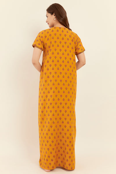 All Over Damask Print With Foil Mirror Embroidered Yoke Nighty - Mustard