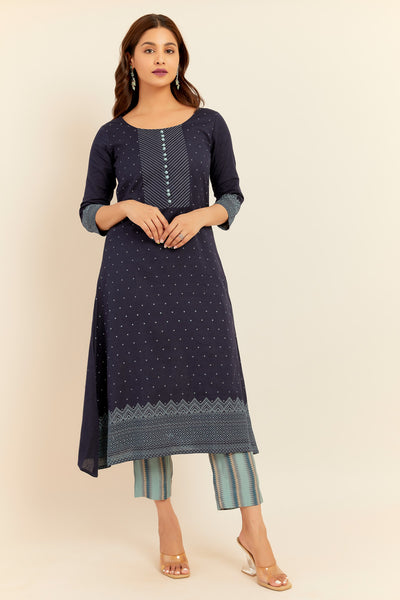 Ditsy Floral Print With Embroidered Yoke Kurta - Navy