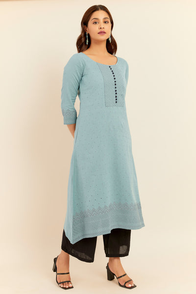 Ditsy Floral Print With Embroidered Yoke Kurta - Blue