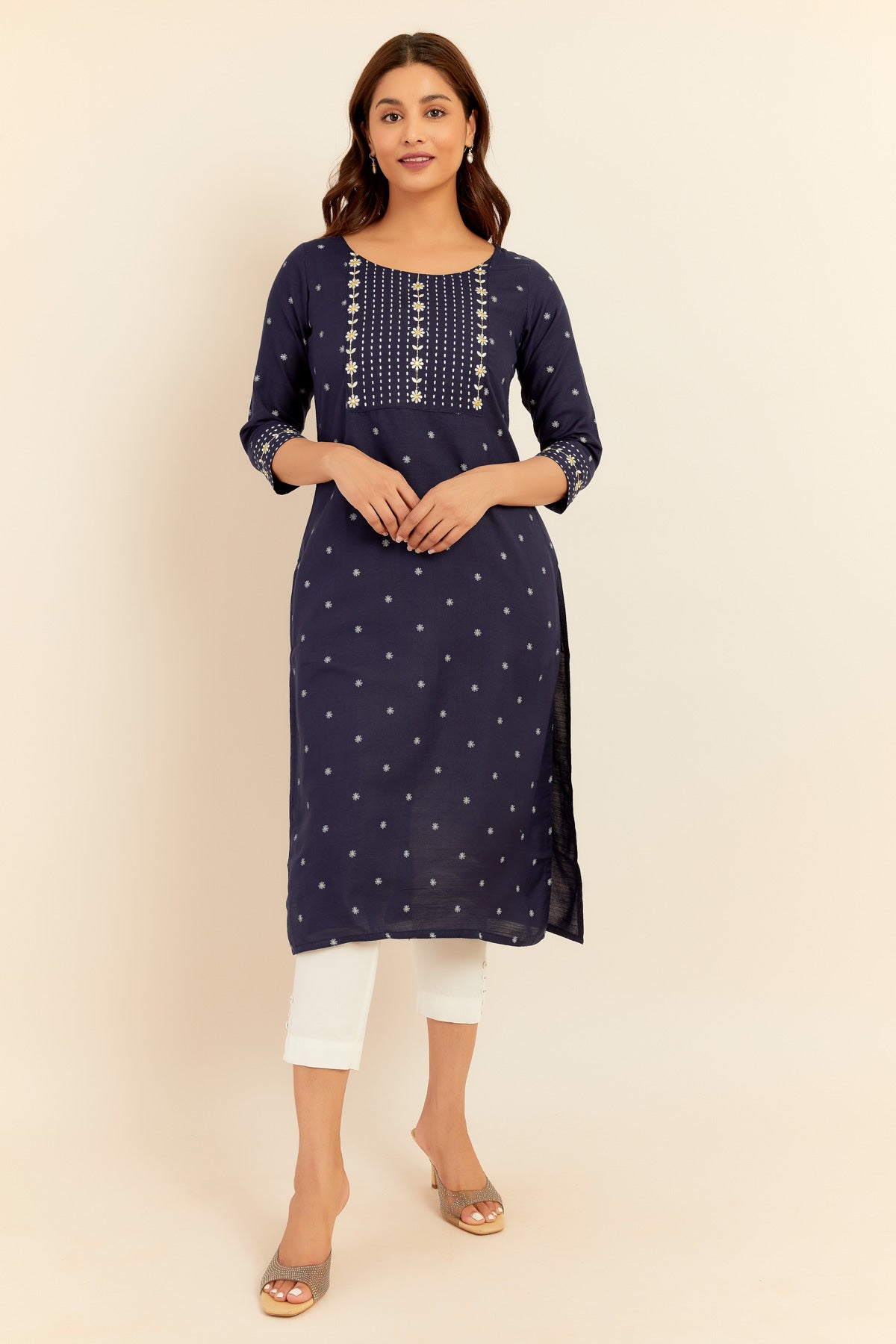 All Over Floral Print With Embroidered Yoke Kurta - Navy
