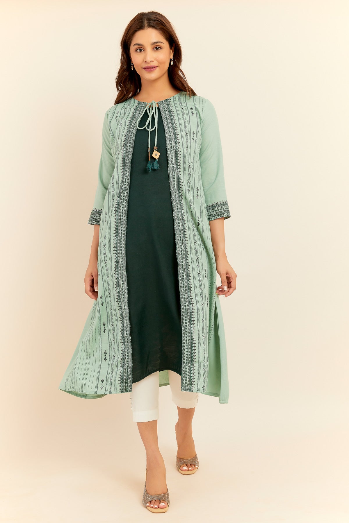 Geometric Pattern With Contrast Over Coat Kurta Green