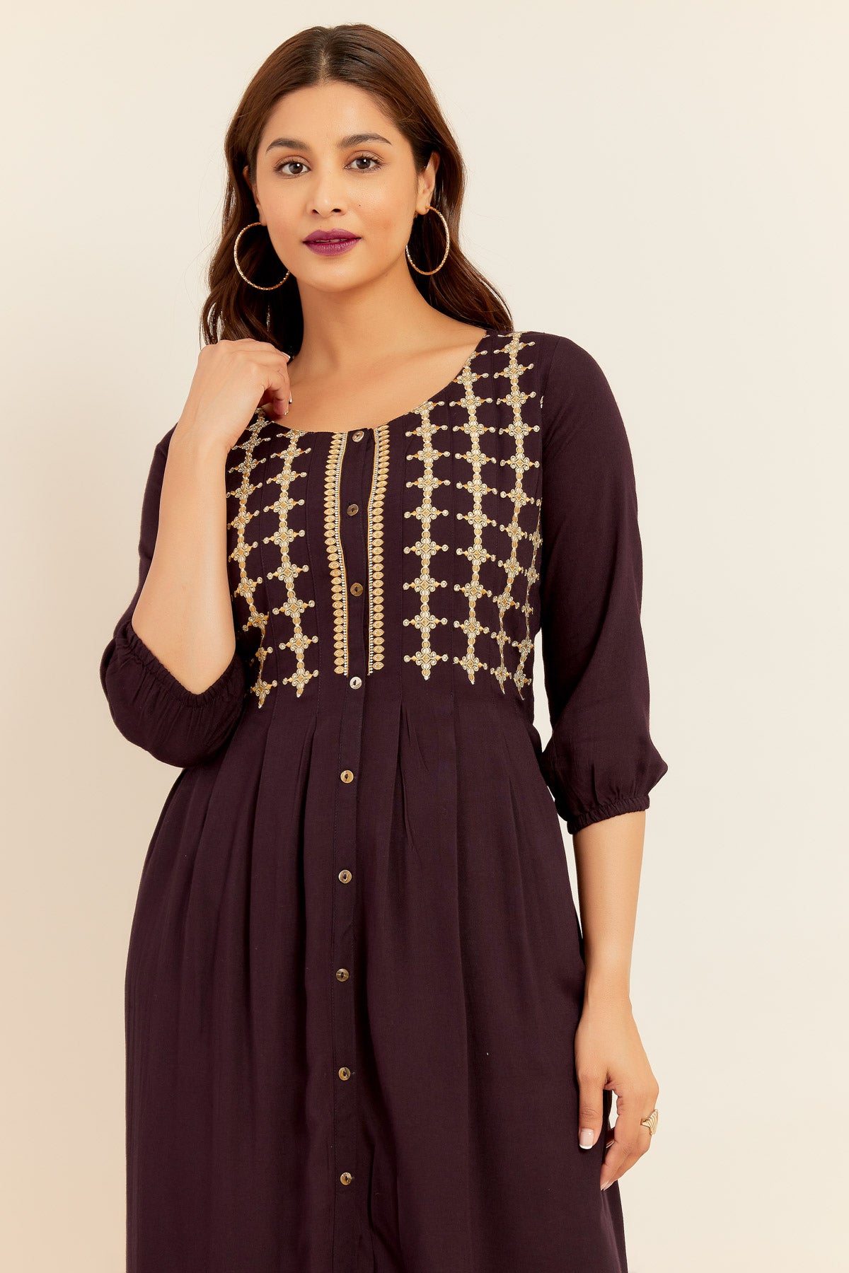 Geometric Embroidered Check Pattern Yoke With Solid Kurta - Purple