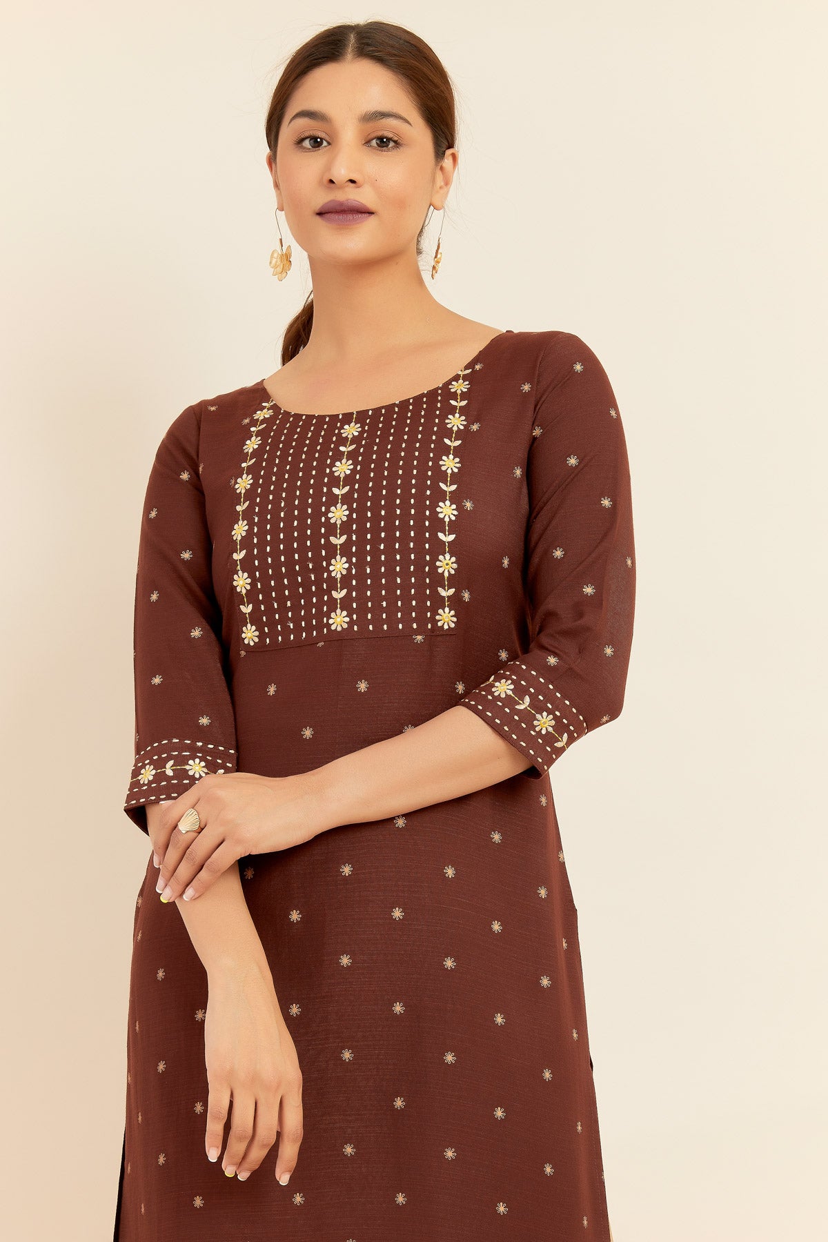 All Over Floral Print With Embroidered Yoke Kurta - Brown
