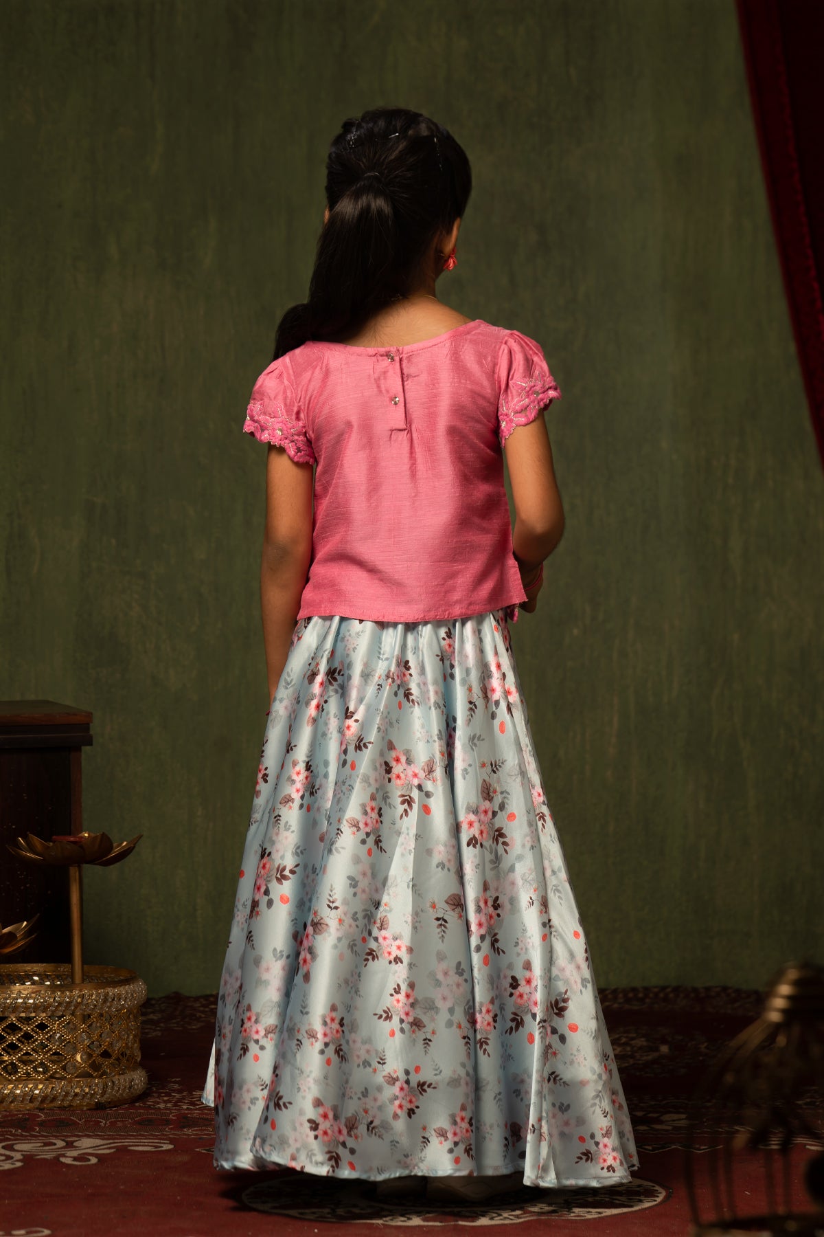 Floral Motif Embroidered Top & Digital Printed Skirt Set - Pink & Blue
