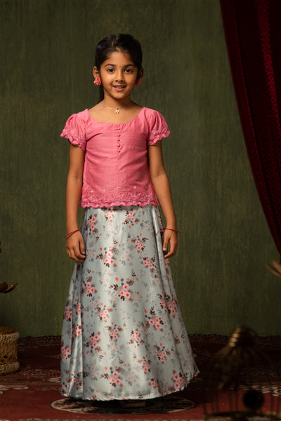 Floral Motif Embroidered Top Digital Printed Skirt Set Pink Blue