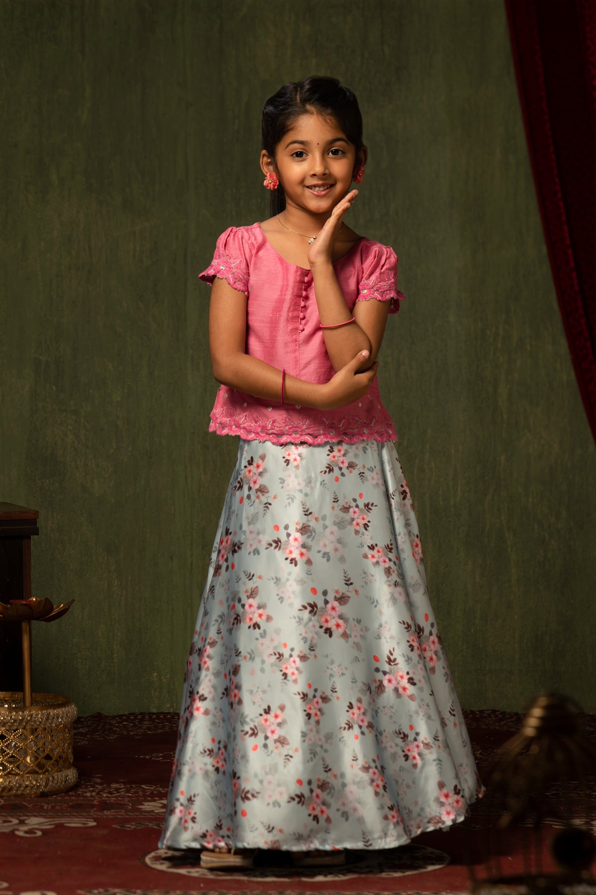 Floral Motif Embroidered Top Digital Printed Skirt Set Pink Blue