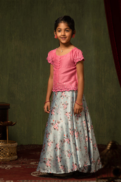 Floral Motif Embroidered Top & Digital Printed Skirt Set - Pink & Blue