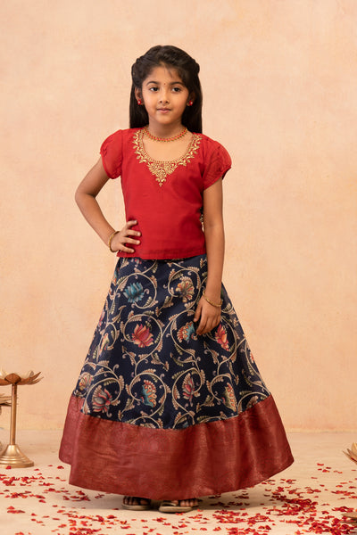 Contrast Geometric Embroidered With Foil Mirror Work Top & All Over Yazhi Printed Skirt Set - Navy & Red