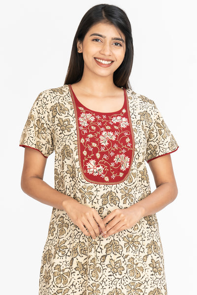 All Over Classic Floral Print With Contrast Embroidered Yoke Nighty - Green