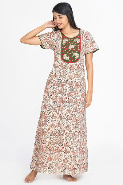 All Over Classic Floral Print With Contrast Embroidered Yoke Nighty - Pink