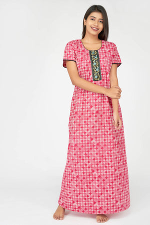 Abstract Checks Printed & Floral Embroidered Women's Nighty - Pink