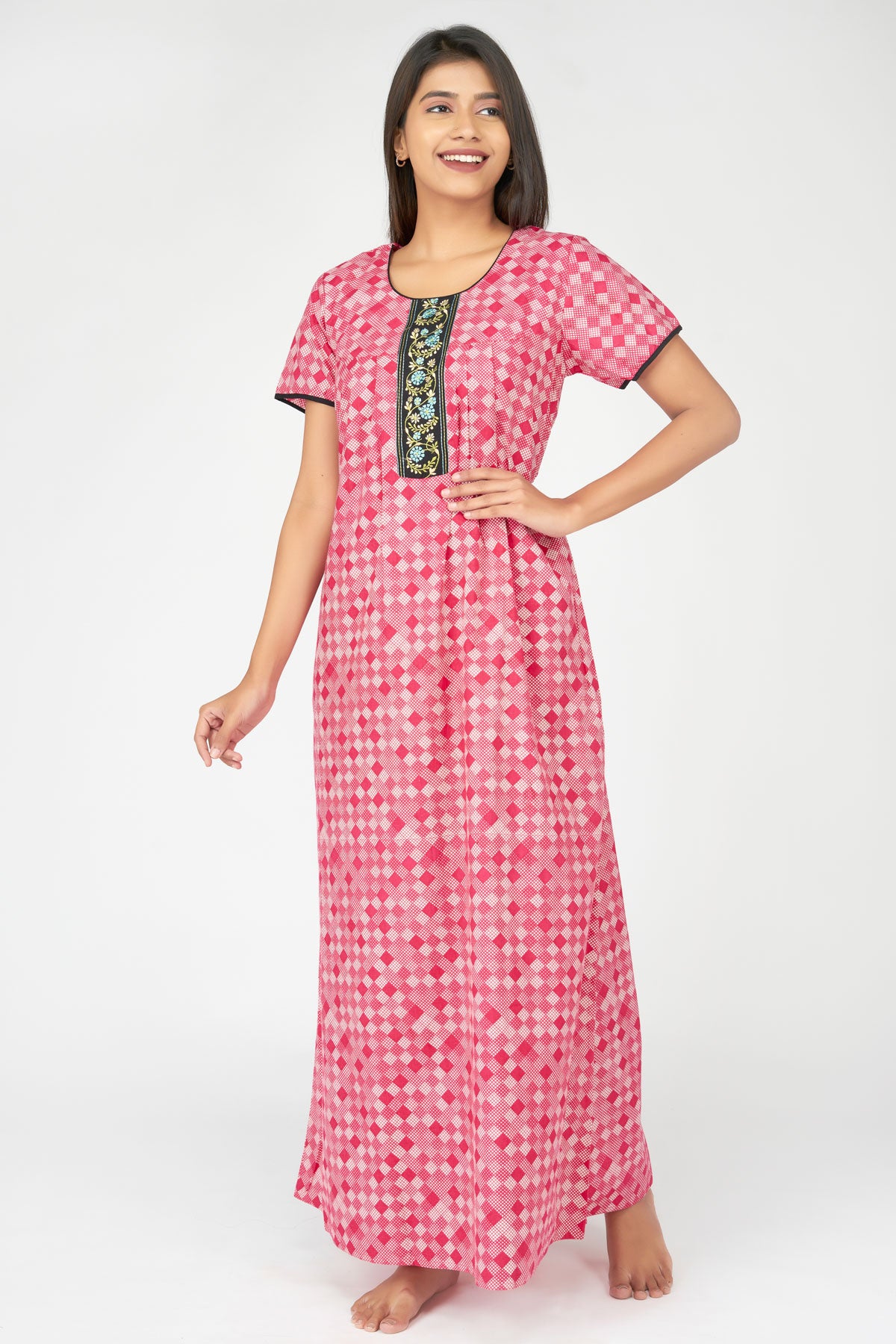 Abstract Checks Printed & Floral Embroidered Women's Nighty - Pink