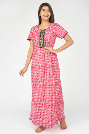 Abstract Checks Printed & Floral Embroidered Women's Nighty - Pink