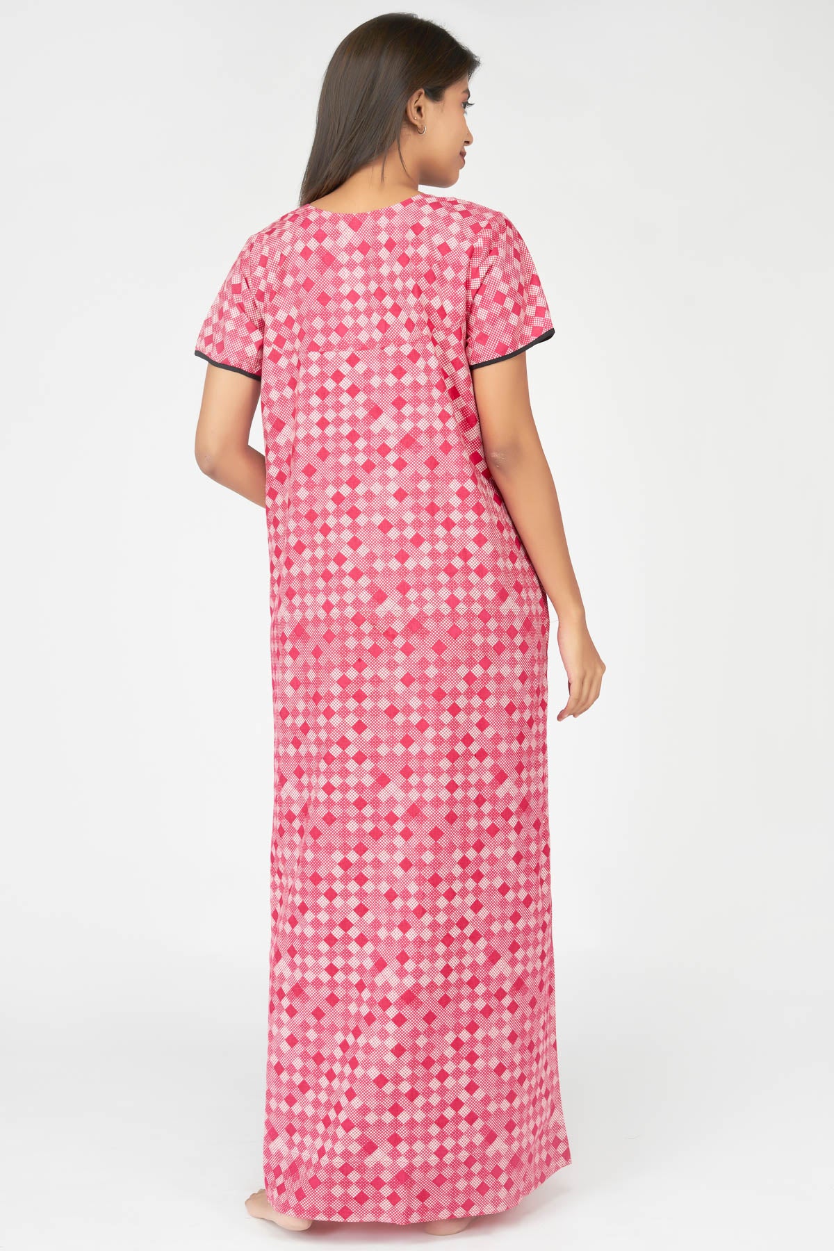 Abstract Checks Printed & Floral Embroidered Women's Nighty - Pink