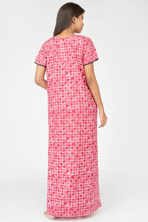 Abstract Checks Printed & Floral Embroidered Women's Nighty - Pink