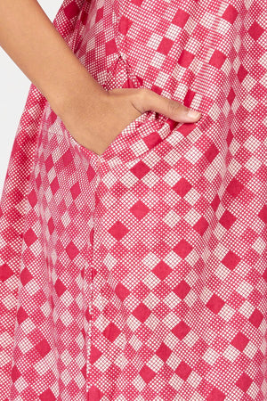 Abstract Checks Printed & Floral Embroidered Women's Nighty - Pink