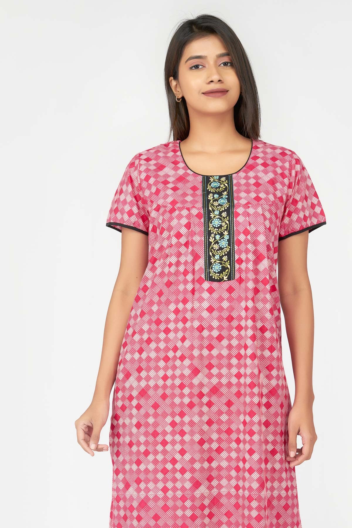 Abstract Checks Printed & Floral Embroidered Women's Nighty - Pink