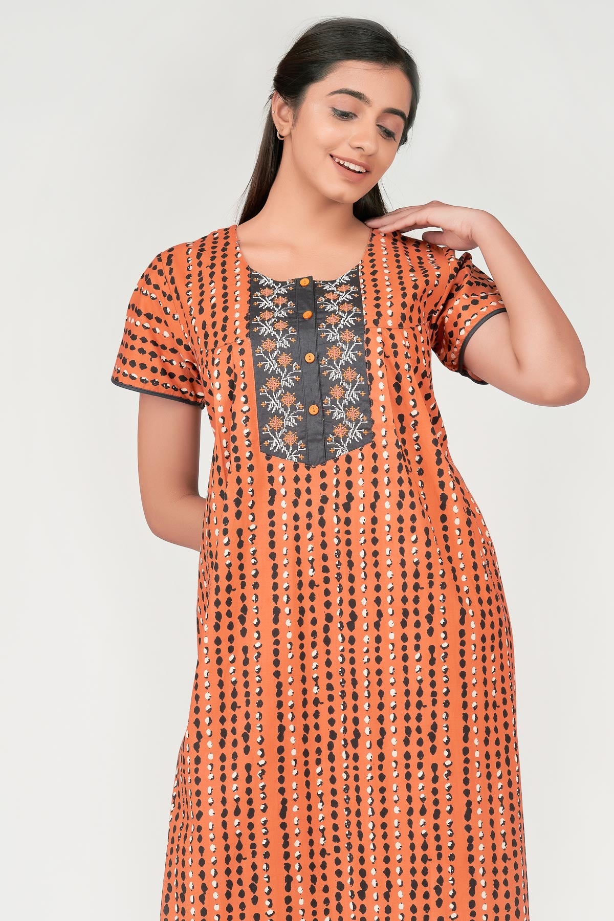 Animal Printed & Abstract Embroidered Nighty - Peach