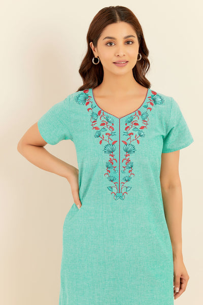Solid With Floral Embroidered Yoke Nighty - Green
